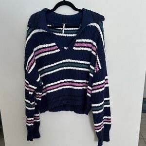 Free People Navy Crop V-Neck Striped Sweater with Pink, Green & Cream